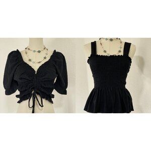 2 Anthropologie Brand Tops Puff Sleeves Sweetheart Neck Peplum Top Black X-Small